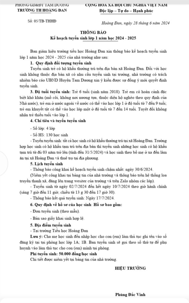 <a href="/thong-bao-chung/thong-bao-tuyen-sinh-lop-1-nam-hoc-2024-2025-cua-truong-tieu-hoc-hoang-dan-c21333-1397276.aspx">Thông báo tuyển sinh lớp 1 năm học 2024-2025 của Trường tiểu học Hoàng Đan</a>